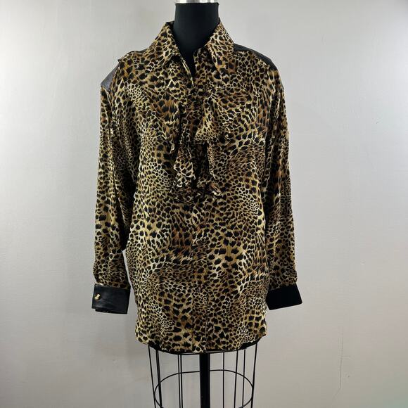 Vintage CACHE Brown Top Silk Leopard Ruffle Collar Leather Button-Up Sz M Medium - Picture 2 of 8